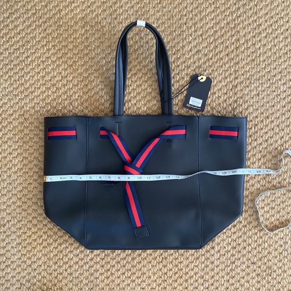 NWT Moda Luxe Black Dutchess Tote Bag - black with red and navy striped ribbon - Picture 5 of 7